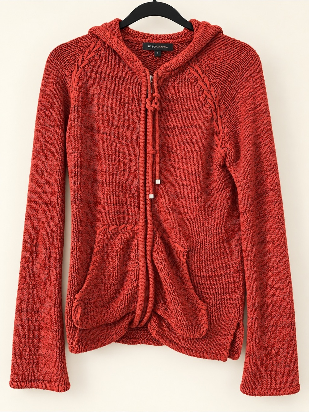BCBGMAXAZRIA Burnt Orange Knit Zip Up Hooded Sweater Size L